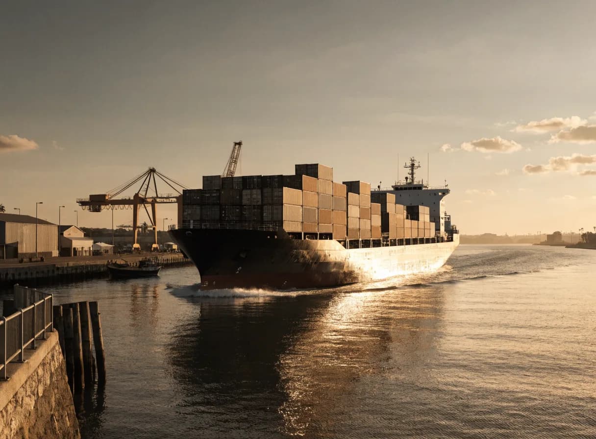 Contenedor de alimentos zarpando del puerto mientras el cobro viaja por un camino vigilado hasta la cuenta del exportador