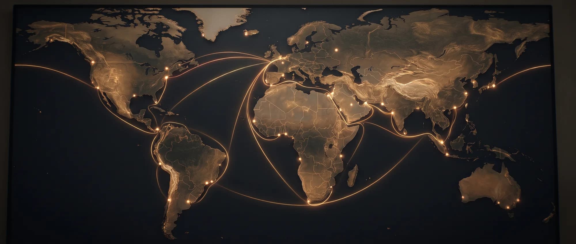Warm-toned world map highlighting the trade corridors where service payments reach