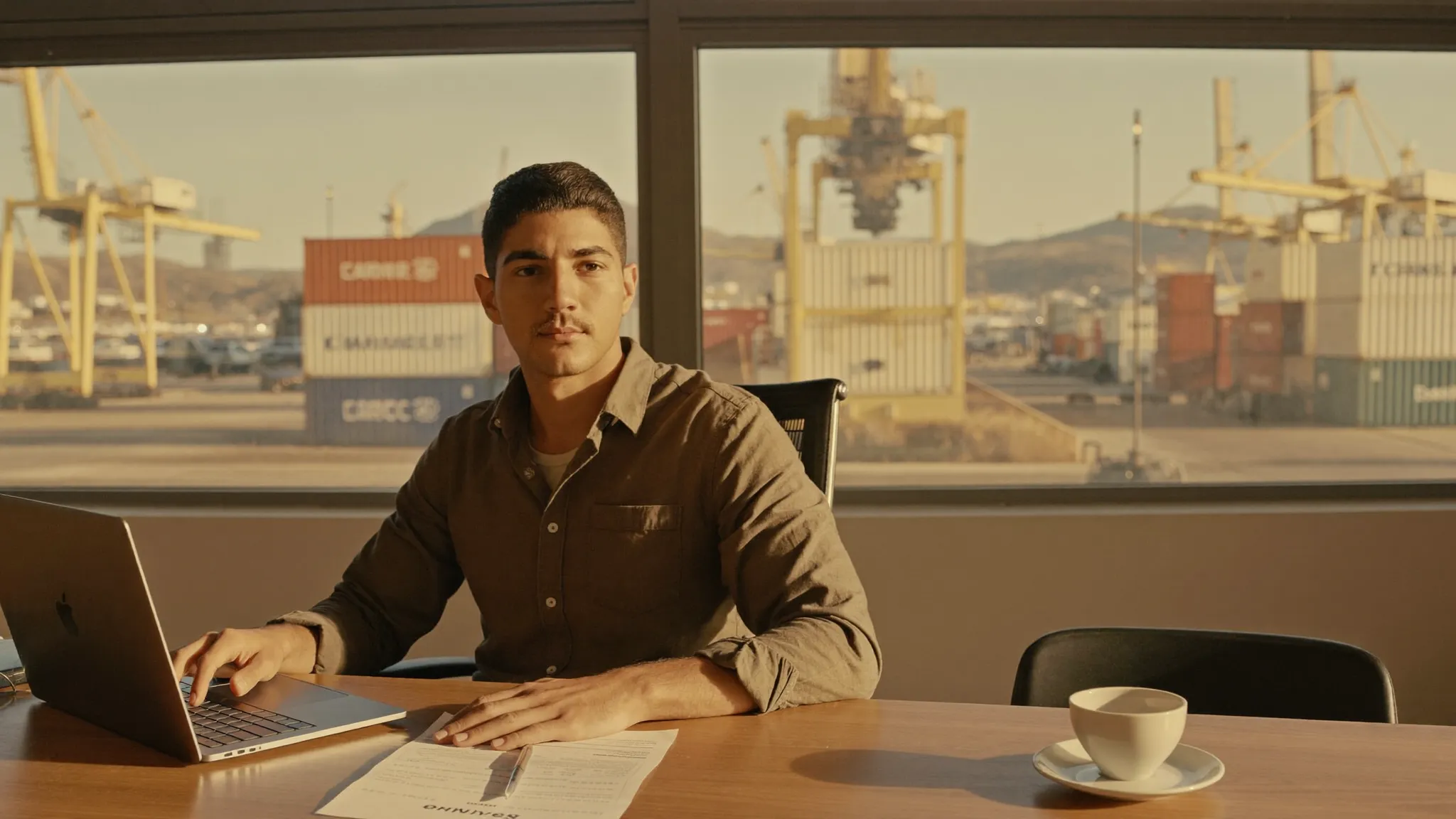 A food importer at a sunlit portside desk sends a payment to their overseas supplier from a laptop, cargo containers framed in the window behind