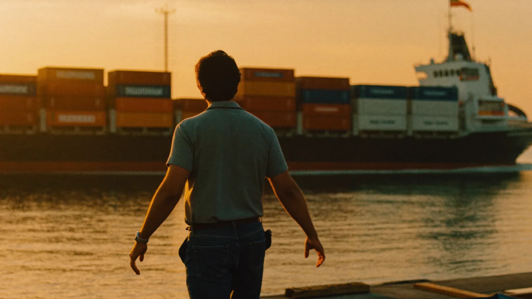 Operador de una empresa de alimentos, tranquilo en el muelle, viendo salir su próximo embarque al atardecer.