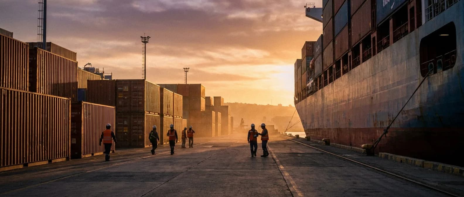 Contenedores cargados en el muelle al atardecer, listos para zarpar
