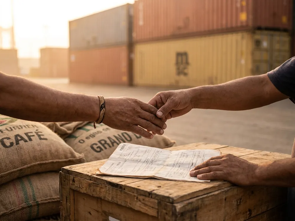 Dos manos se encuentran sobre un solo documento de embarque en el puerto: los dos lados de una misma operación