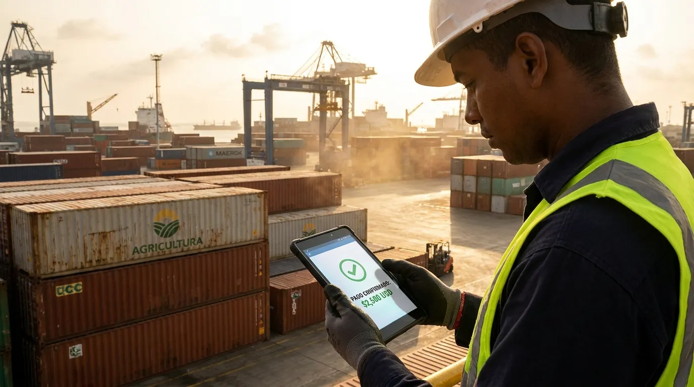 Loaded food-export containers at a port in Colombia with the confirmed payout amount on a handheld screen, warm late-afternoon light