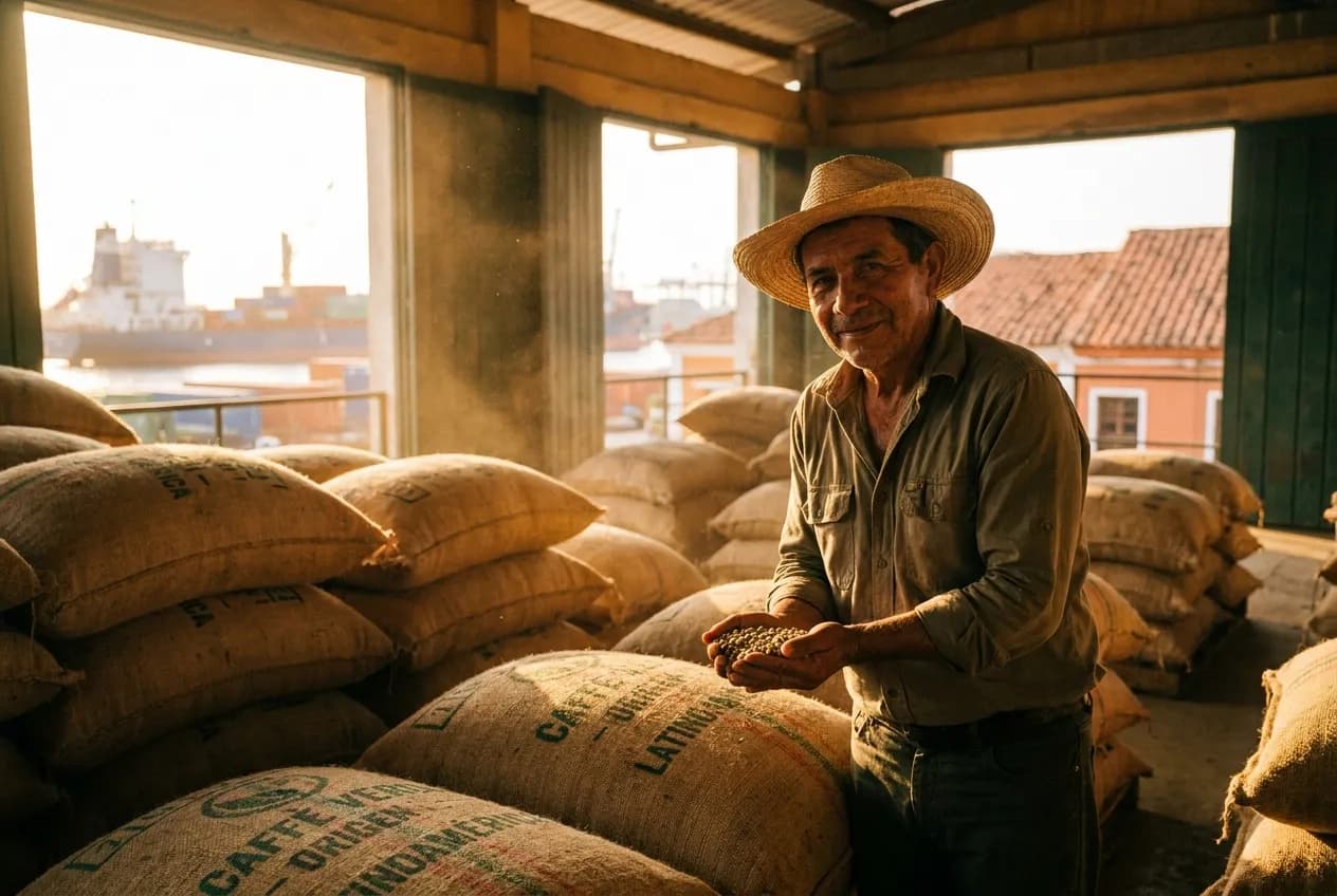 Exportador de café con su cosecha lista para el siguiente embarque tras cobrar completo en su moneda