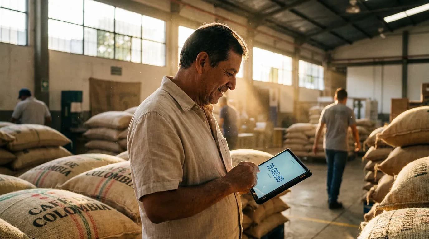 A coffee exporter in Colombia reviews the exact amount on a tablet before approving a currency change, warm morning light at a coffee packing facility