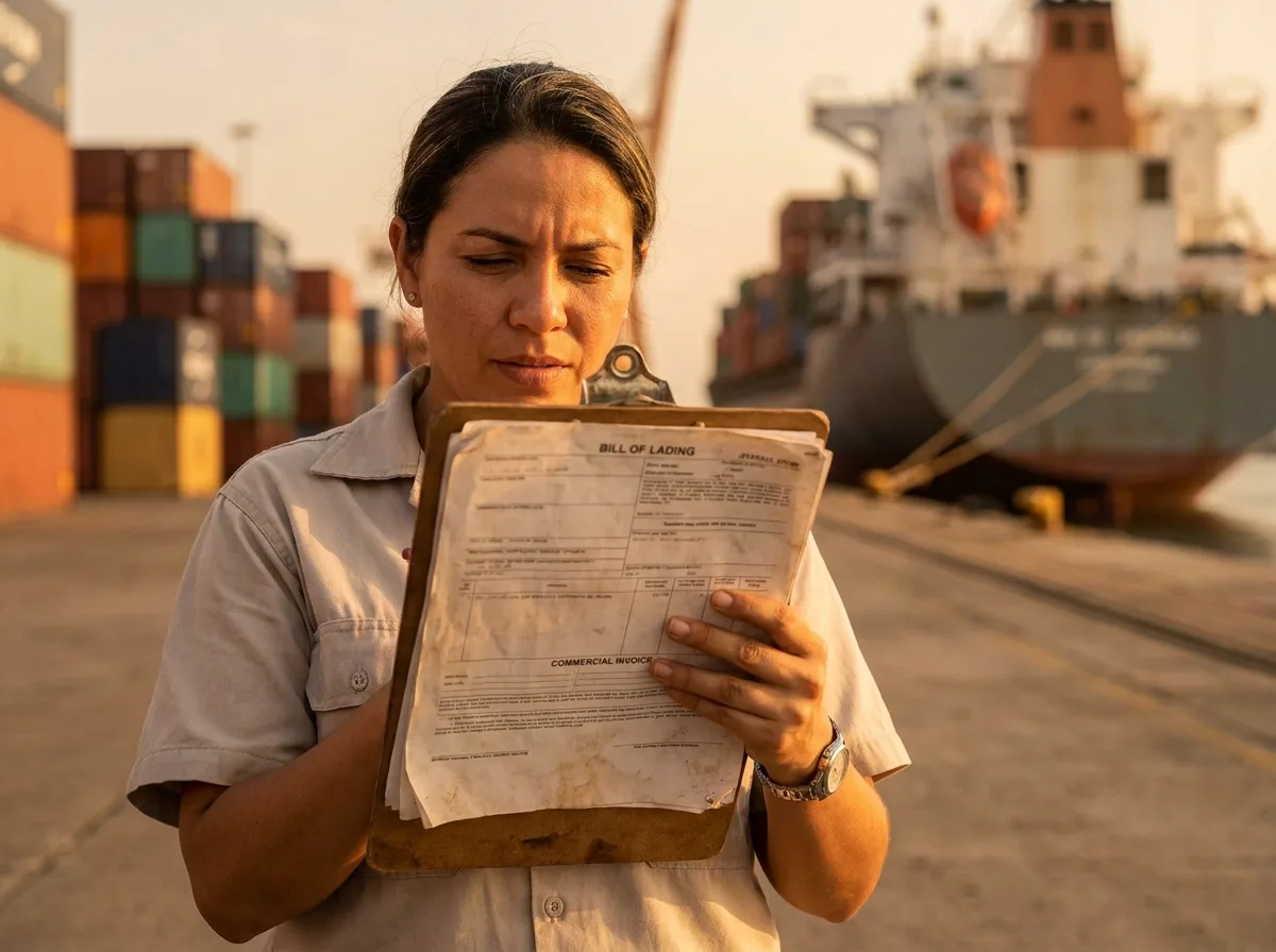 Importador de alimentos revisando los documentos de embarque de su contenedor en el puerto de Cartagena, Colombia, antes de liberar el saldo del pago con Trilla