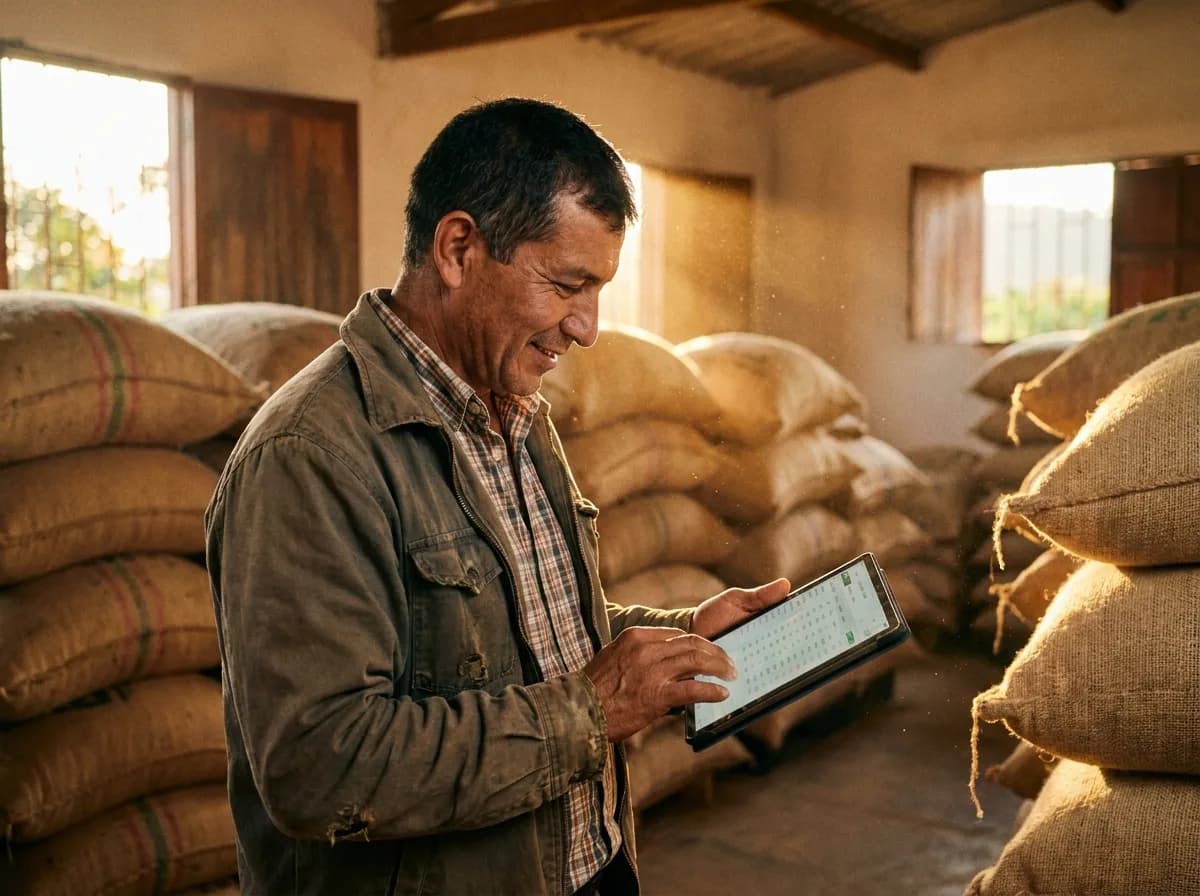Importador de alimentos revisando un pedido recurrente al mismo proveedor de café antes de repetir el pago