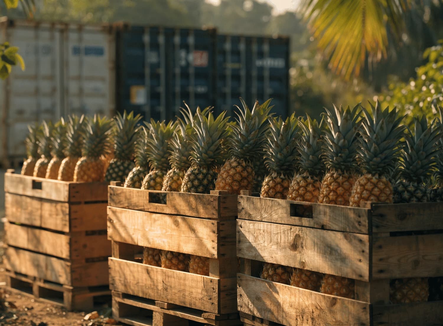 Cajas de piña fresca de Costa Rica listas para exportar a un comprador en el Golfo.